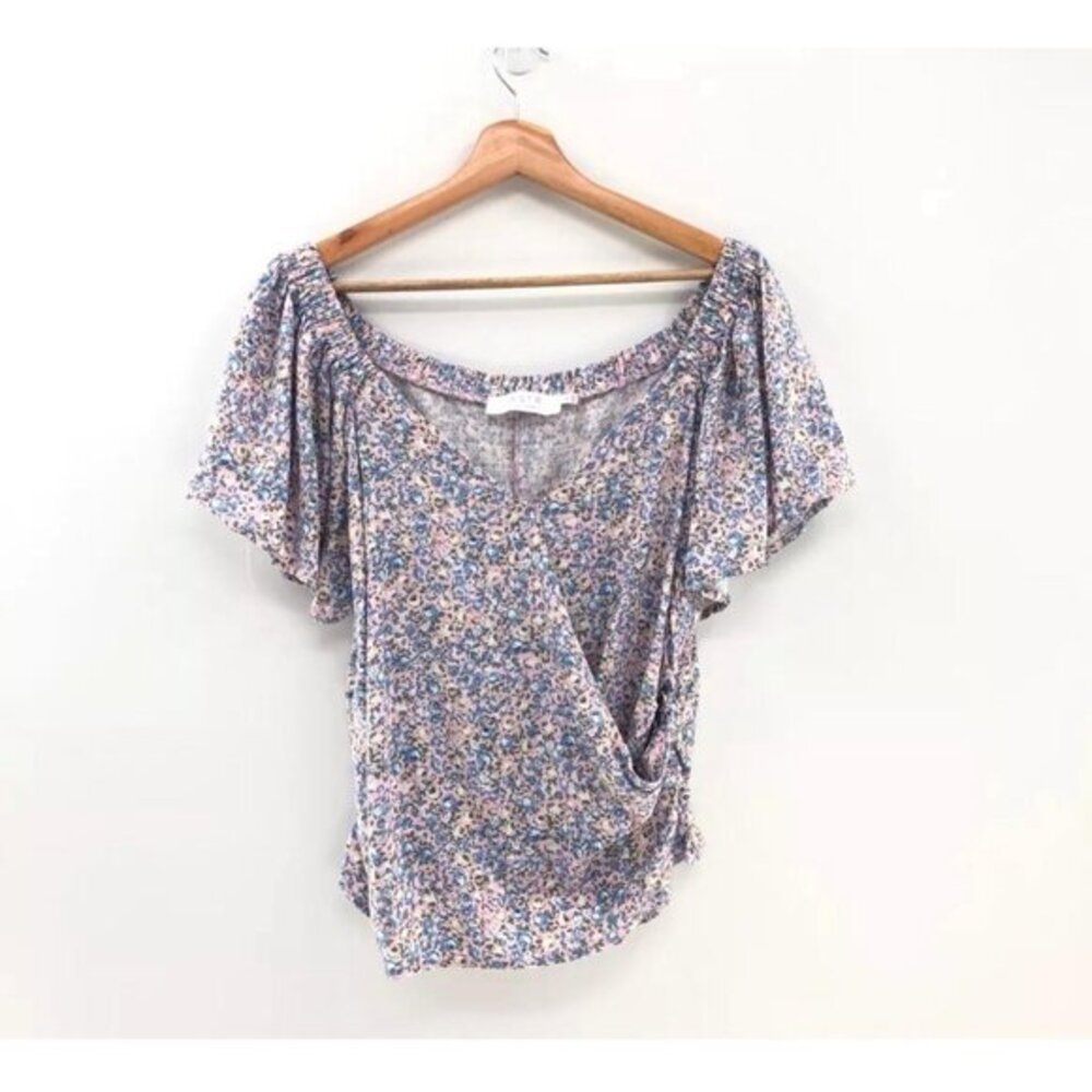 ASTR Floral Wrap Blouse Short Flutter Sleeves Pink Blue  Size S V-neck